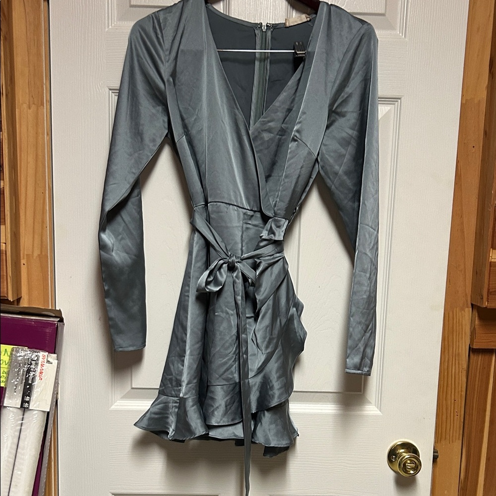 Altar'd State Long Sleeve Satin Dress in Gray